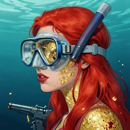 portrait of red head woman with a diver mask with clockwork details :: side profile :: in ocean :: guns and bullets :: gold and petals pattern :: blood and horror ::  by marvel and Sandra Chevrier