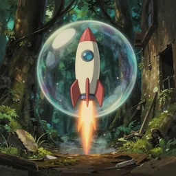 realistic interior shot from howls moving castle ( 2 0 0 4 ) of a scientist rocketing out of a bubble in a dense woodland a abandoned alley. cartoon depth of field.