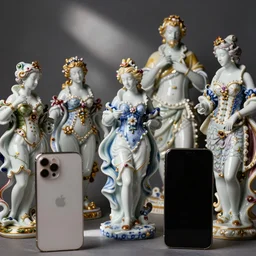 A close up photo of porcelain composition of diverse baroque figurines staring down at their iphones
