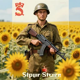 Communist Propaganda Poster of a soldier in a sunflower field holding an Steyr AUG.