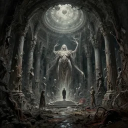 disasterpiece mesmerizing inner sanctum of the most disturbing and beautiful truth, in the style of Jeff Easley, Grant Wood, Ken Kelly, – W 1024
