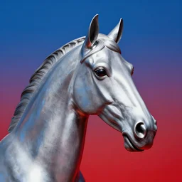 horse head statue , background from blue to red, designed by phillipe starck