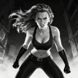 angry scarlett johansson as megaman anime, dramatic lighting hyper detail, black and white, wide angle lens