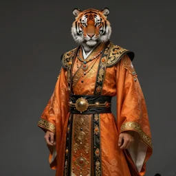 beautiful fantasy character portrait, male warrior, anthropomorphic tiger, dressed in fluent long jeweled oriental clothes, gradient orange to black, hyper realistic, highly detailed by peter mohrbacher, wayne barlowe, boris vallejo, paolo eleuteri serpieri