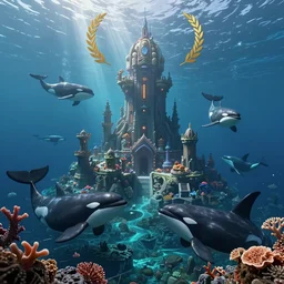 civilization underwater created by orcas, submerged city made with coral and rock by killer whales, fantasy scifi illustration