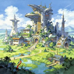 futuristic fantasy village at a mire. this air brush painting by the award - winning anime artist has an interesting color scheme, plenty of details and impeccable lighting.