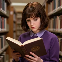 velma dinkley cosplayer reading a book at a library, dramatic lighting, close - up studio photographic portrait by steve mccurry