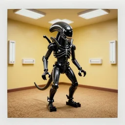 lego black glossy xenomorph in endless vacant office, pale yellow wallpaper, walls are plastered mono yellow, rectangular white florescent lights randomly arranged, drop down ceiling, old tan brown carpet across the floor, cross section walls, polaroid, dramatic lighting, photorealistic, art by h. r. giger and chris foss and beksinski