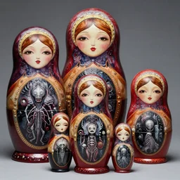 aligned xenomorph nesting dolls, by h. r. giger and zdzisław beksinski and tony sandoval.
