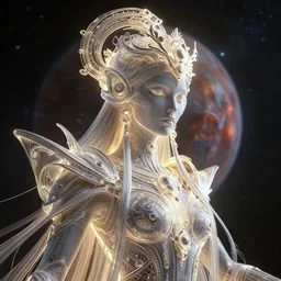 portrait of the powerful empress of the solar system in the style of alex grey and in the style of h. r. giger. glowing, ornate and intricate linework, sharp focus, depth of field, stunning, dynamic lighting, ultrafine and hyperdetailed.
