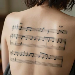 a back with sheet music tattoed onto it, close up shot.