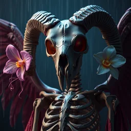 hyperrealism, night background raining, super zoom, goddess close - up portrait real human skeleton ram skull!!!! jellyfish!! phoenix crow wings! giant orchid!! artwork by tooth wu and wlop. octane render, trending on artstation, greg rutkowski cinematic, hyper realism, high detail, octane render, 8 k