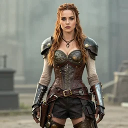 full shot photo of alexandra daddario as a steampunk warrior