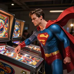 a comic book super hero who is just really good at pinball and throws pinball machines he has a long cape his left hand is missing and instead is a launcher from a pinball machine, 4k, highly detailed, heroic pose, graphic novel, bright colors, dark lines