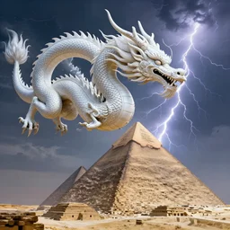 luxurious white chinese dragon hovering side of a cyberpunk egyptian pyramid during lightning and thunder, by greg rutkowski, james jean, peter mohrbacher, rule of thirds, sigma look, beautiful, intricate, majestic, award winning