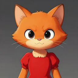 artgerm, frank cho comic cover art, bobcat with orange fur, red dress, symmetrical eyes, symmetrical face, white shirt with red exclamation point logo, dark castle background, cinematic lighting