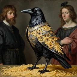a raven made of spaghetti, intricate and elegant armor made of fractals of spagetthi, highly detailed, by giuseppe arcimboldo and ambrosius benson, renaissance, romanticism, intricate and intense oil paint, a touch of beksinski and takato yamamoto, realistic