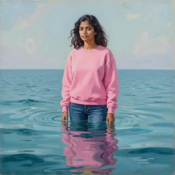 painting of a south asian woman in pink sweatshirt standing in an infinite ocean, her body reflecting in water reflection, painting by james jean, alex ross, hyperdetailed, liquid, limited coloar palette, 4 k, surreal art, soft lighting, digital art