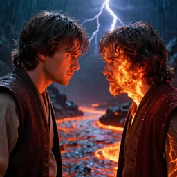 an ultra realistic, cinematic shot, of anakin skywalker fighting obi wan kenobi, fire, facial features, background of a lava river, with rain and lightning, detailed, deep focus, movie still, dramatic lighting, ray tracing, by michal karcz and yoshitaka amano