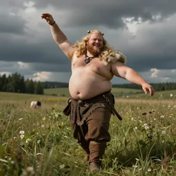 happy male chubby blonde viking dancing around in meadow in the style of rutkowski