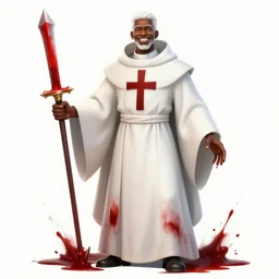 a highly detailed illustration of white haired african priest, wearing cross on robe, wielding red blades made of blood, evil standing smiling pose, blood flowing around him background, muscular, intricate, elegant, highly detailed, centered, digital painting, artstation, concept art, smooth, sharp focus, league of legends concept art, WLOP