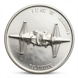 silver coin with a relief of a tie fighter, cinematic