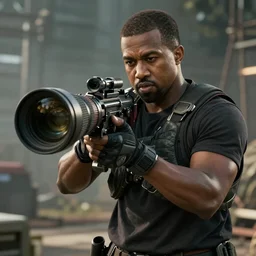 a videogame still of Kanye West in Gears of War, 40mm lens, shallow depth of field, split lighting