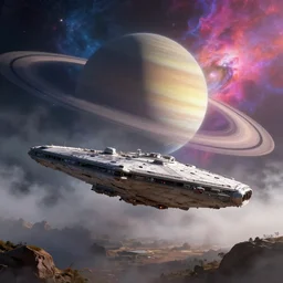 large space ship comes in to land, alien landscape, sci - fi, huge saturn with rings in and vibrant nebula in the background, atmospheric, misty, artstation, deviantart, 8 k, ultra hd