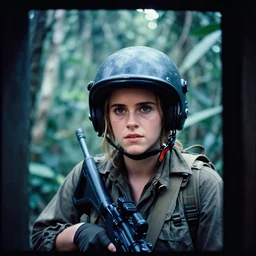 film still, extreme far view, emma watson, wearing helmet, jungle, vietnam door gunner, apocalypse now, associated press, 2 6 mm, kodak ektachrome, blue tint expired film,