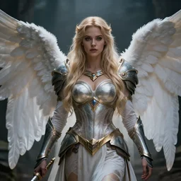 angelic legendary blond female warrior, shallow depth of field, moody lighting, 8 k, concept art, 2 0 mm lens,