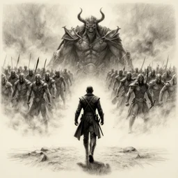 pencil art, distant shot, realistic, cinematic, hyper detailed, smooth, hero prepared to fight, walking up to evil army.