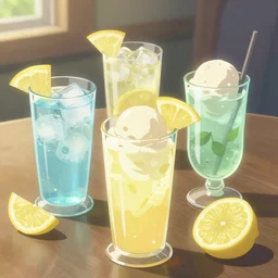a still life painting of cold drinks, ice cream, lemon embellishment, in the style of makoto shinkai, dreamy, soft, global illumination, radiant light, intricate environment, luminescence, highly detailed, 8 k
