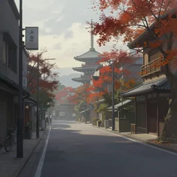 morning in empty cyberpunk kyoto, volumetric lighting, autumn, morning, overcast weather, few clouds, realistic illustration, perfectly shaded, soft painting, art by krenz cushart and wenjun lin