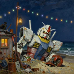 painting by dean cornwell, ilya repin, nc wyeth painting, ultra wide, vanishing point, 3 d perspective, beached gundam body, award winning, up close, climbing, beaching, rust, midnight, junk town, lanterns, makeshift house, colorful lightbulb festoon lights, telephone pole