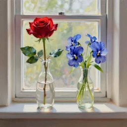 A painting of a windowsill with two vases, one containing a red rose and the other containing a blue violet. The natural light from the window would be shining in on the scene. Trending on artstation