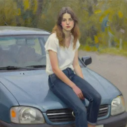 girl sitting on car, oil painting by ian francis