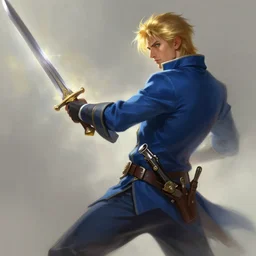 side profile of a man with blonde hair in a blue suit wielding a large sword and a gun in a holster, fantasy, digital painting, volumetric light, intricate, sharp, focus, bloom, illustration, highly detailed, concept art, matte, ruan jia, randy vargas, greg rutkowski