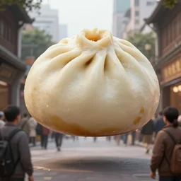 a giant hyperrealistic delicious baozi floating over group of people in urban setting, realistic, 8 k, n - 4