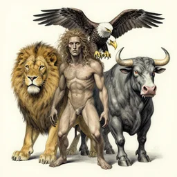 monster with with four faces : man, lion, eagle, bull. drawn by zdzislaw beksinski