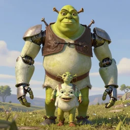 Shrek in the middle of an open field, standing before a huge robot, highly detailed, digital art, in the style of Simon Stålenhag, trending on artstation, matte painting, accurate anatomy, elegant, concept art, sharp focus, 4k