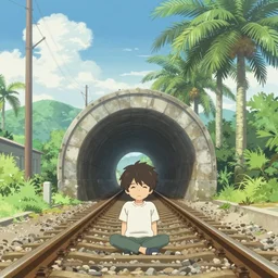 tunnel of love, palm tree, railway, by shunji dodo, 8 k resolution, high quality