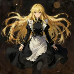 baroque oil painting japanese light novel scene insert full body illustration anime key visual action shot | young girl black military crusader maid with long flowing blonde hair | symmetrical perfect face fine detail delicate features quiet gaze | lotr grimdark kuudere moody dynamic lighting bokeh | pixiv fanbox | greg rutkowski makoto shinkai takashi takeuchi studio ghibli