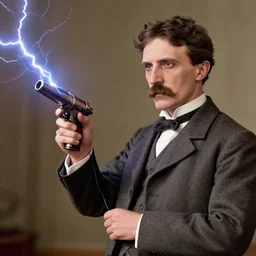 color photograph of Nicola Tesla Nikola Tesla holding a tesla gun with lightning, tesla coil, mustache, dynamic lightning, 4k, modern photograph, digital art