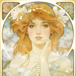 close - up fashion woman portrait airy flowers clouds illustration art by alphonse mucha greg rutkowski craig mullins