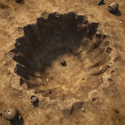 digitally painted bomb crater game assets, top - down view, unity asset store