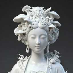 white, shiny, chinese porcelain head of a woman, 3 d octane render, fashion photography, high resolution, fine details, the head is covered in ornate 3 d white mushrooms, fungus, and weeds, by daniel arsham and james jean and tim winton