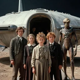 70mm film still from a sci fi blockbuster movie made in 2022, set in 1860, of a family leaving a spaceship that has just landed on an alien planet, a humanoid alien stands nearby, the family are wearing 1850s era clothes, cinematic lighting, 8k, in focus faces, good quality lighting, good quality photography, oscar winner, all star cast