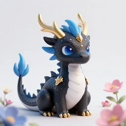 cute small dragon, black, white, blue, pink and gold color scheme, flowers, cool, highly detailed, artgerm, cushart krenz, artstation, soft light, sharp focus, illustration, character design, concept art