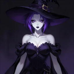 Beautiful grown up anime women as a evil witch with purple short hair , pale white skin, artstation , 4K , Highly detailed , high quality , dramatic lighting , drawn by Yusuke Murata , elegant, highly detailed, centered, digital painting, artstation, concept art, artgerm, donato giancola, Joseph Christian Leyendecker, WLOP, Boris Vallejo, Artgerm