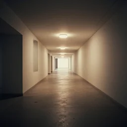 noisy color photograph of a liminal space, wide hallways with high ceilings, technofuturism, minimalist, oddly familiar, cinematic, dramatic lighting, soft vintage glow